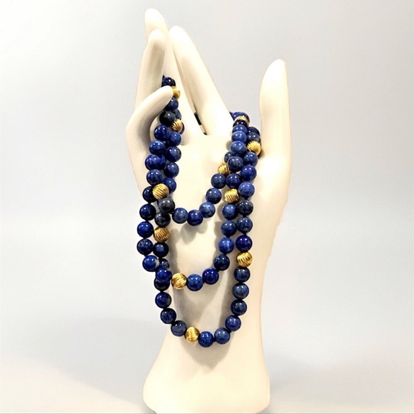 VINTAGE Lapis Lazuli 14k Gold Sculpted Beads & Clasp Hand Knotted Necklace - Picture 5 of 17